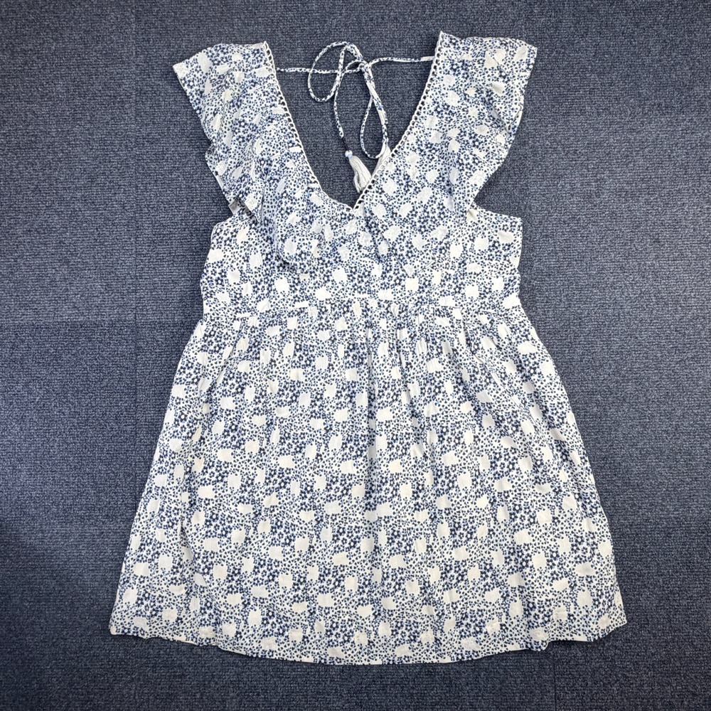 Anthropologie Blue Floral Ruffle Mini Dress V-Neck Tie Back Tassels Womens‎ L